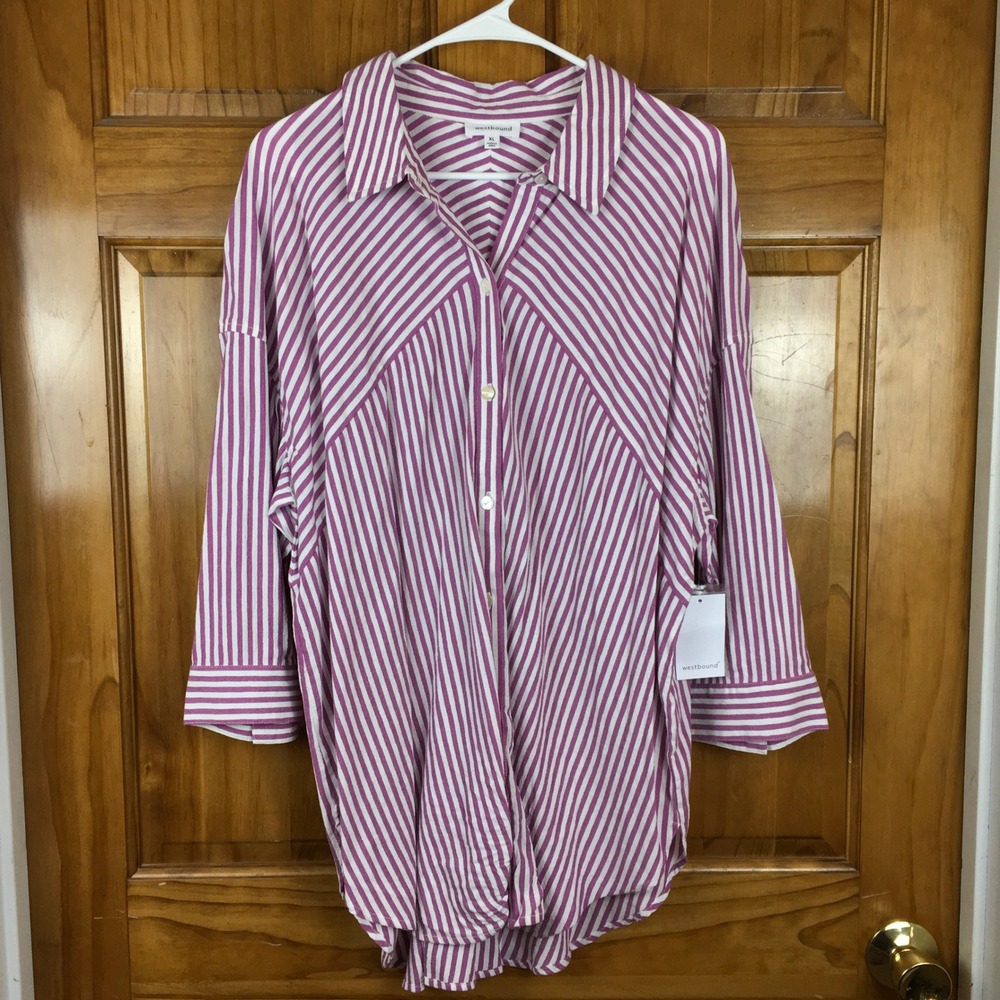 Westbound Womens XL Purple White Striped Button Front Tunic Top Cotton Rayon NWT
